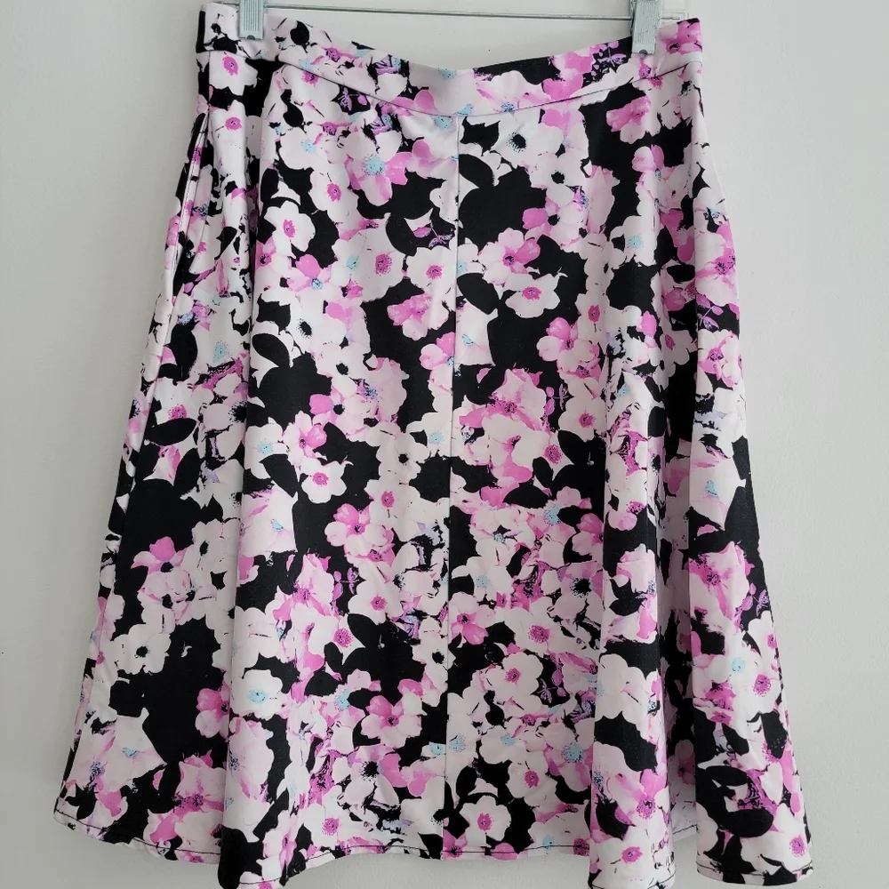 Cynthia Rowley Floral A-Line Skirt - Pink Black Stretch Wide Sweep Medium